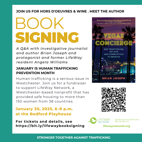 Book signing flier to learn about human trafficking from a survivor