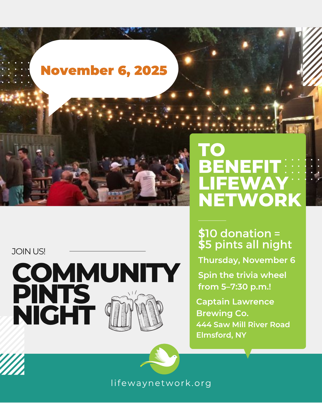 flier describing November 6 Community Pints night at Captain Lawrence to benefit LifeWay Network