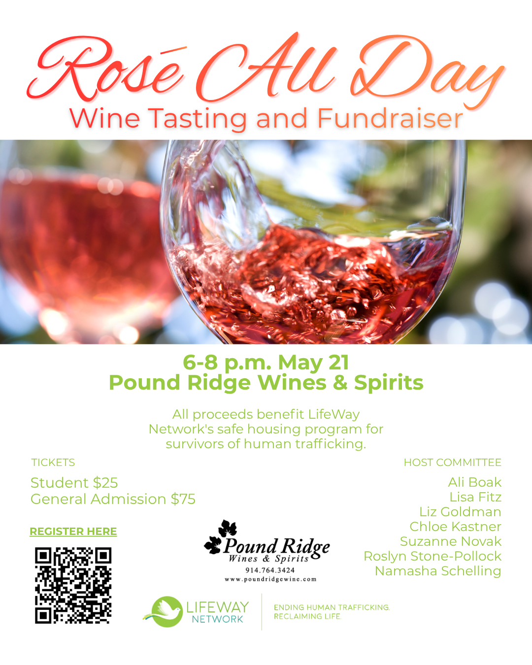 Rose All Day Wine Tasting and Fundraiser flier with details of May 20 event